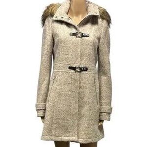 IVANKA TRUMP Wool Coat Faux Fur Hood Buckle Coat Parka Cream Beige Size 12